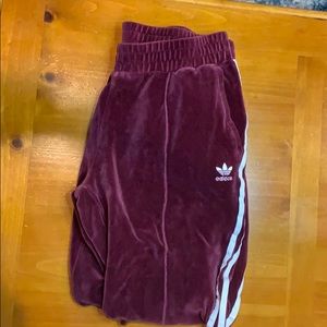 Maroon velvet sweatpants.